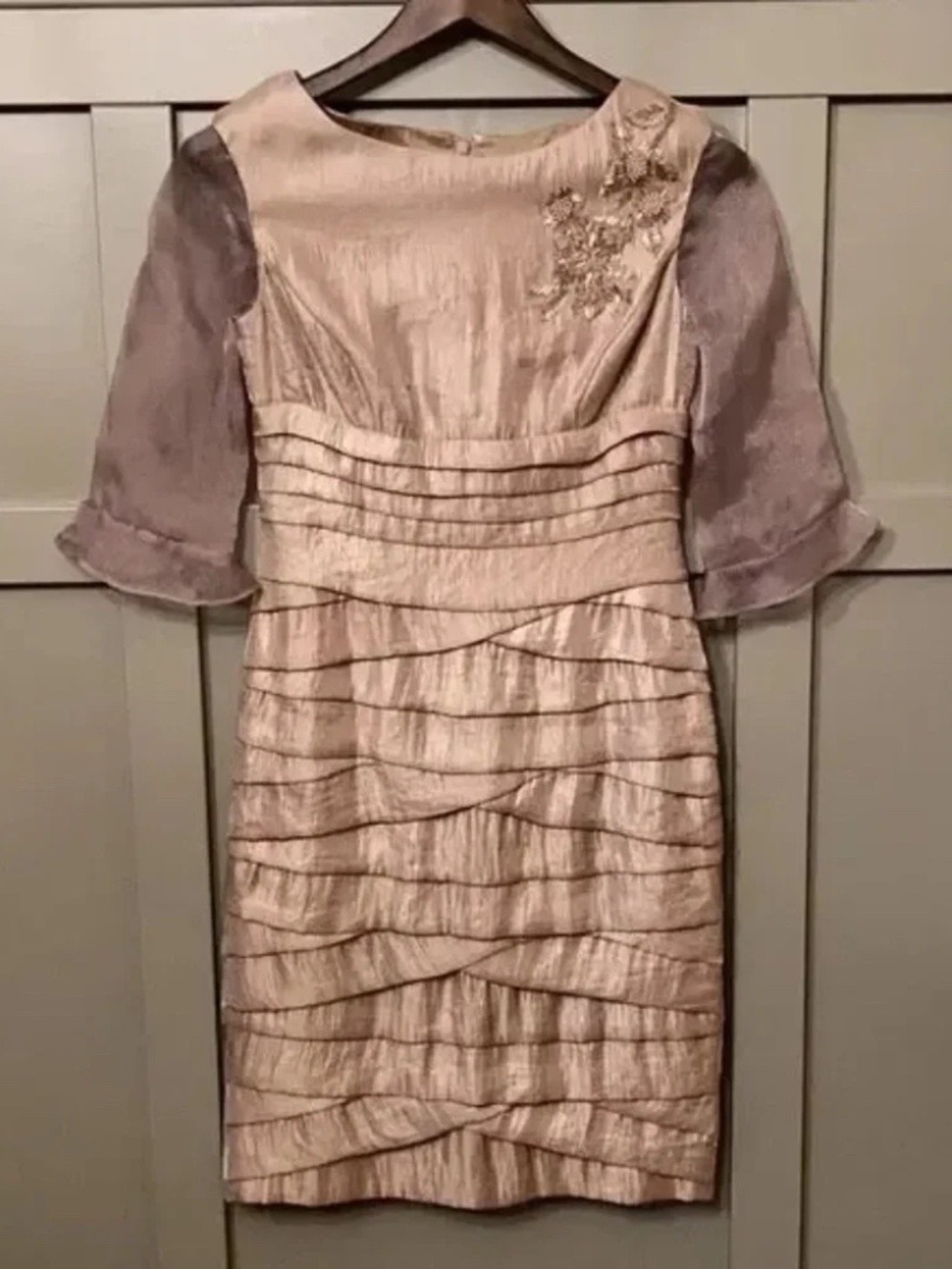 Adrianna Papell Hammered Satin Beaded Dress Gold with Sheer Sleeves Size 4